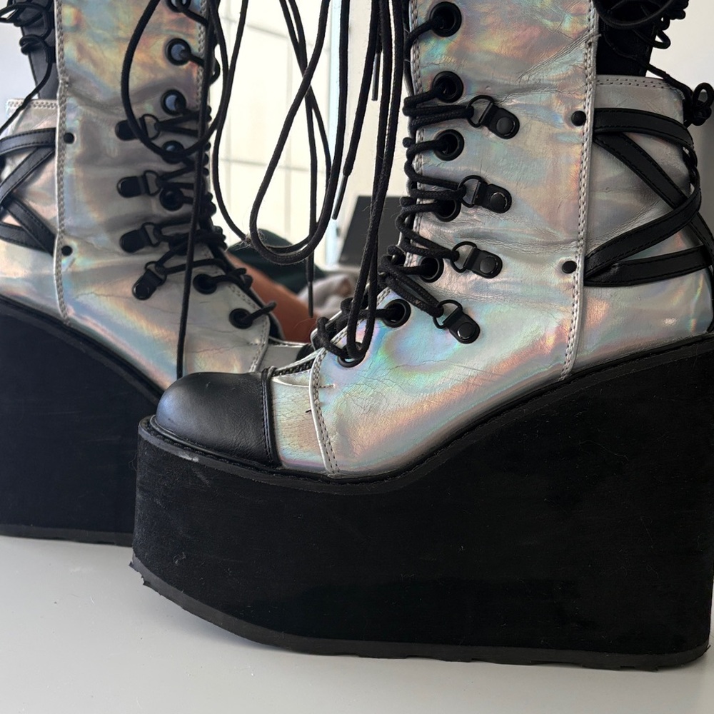 Demonia - Holographic Platform Lace-Up Boots - Sw… - image 7